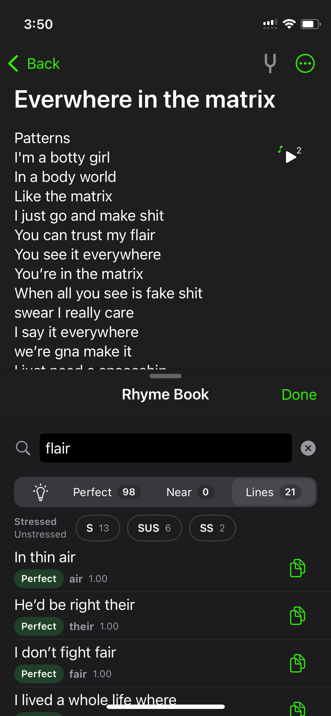 Spit Notes rhyme book showing past lyric lines from the songwriter's own notes that rhyme with the word they are currently writing