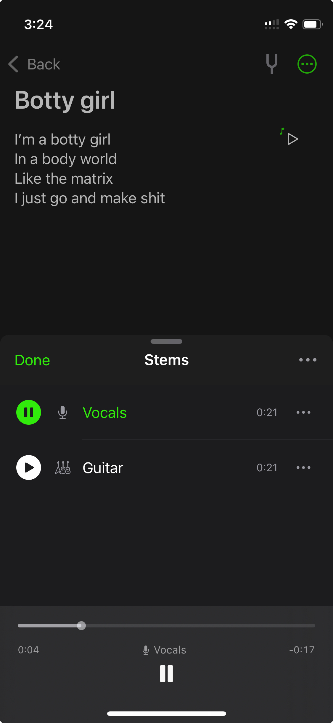  A recording in a note with stem tracks visible.