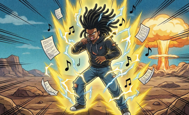 Rapper leveling up to the next level of their songwriting career by going super saiyan