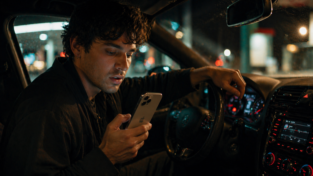 An artist trying to quickly record an idea for lyrics that hit them while they were driving.