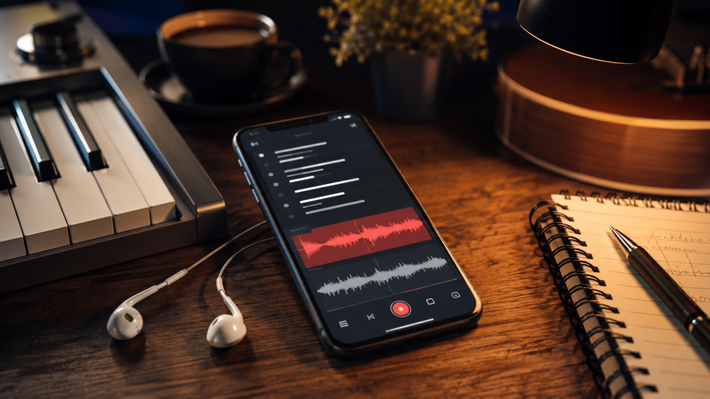 Songwriting app open on a phone on a desk next to a keyboard.
