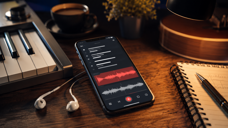 Songwriting app open on a phone on a desk next to a keyboard.