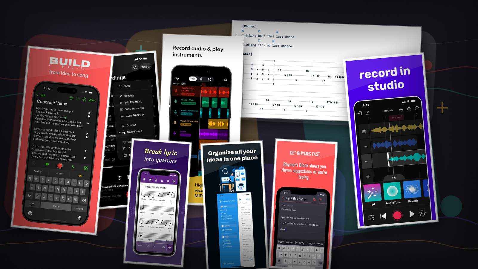 Comparison image showing eight songwriting apps grouped by capture, production, lyrics, rap recording, and collaboration workflows.